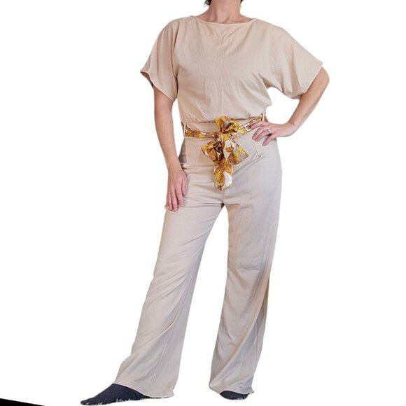 70s Inspired Womens Jumpsuit Sz 10 12 Cream Wide Leg Belted Keyhole Back Stretch - Picture 2 of 11